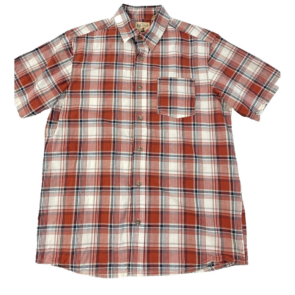 Red Head Brand Co. Men's Red Plaid Crinkled Short Sleeve Button Down Shirt Sz Lg